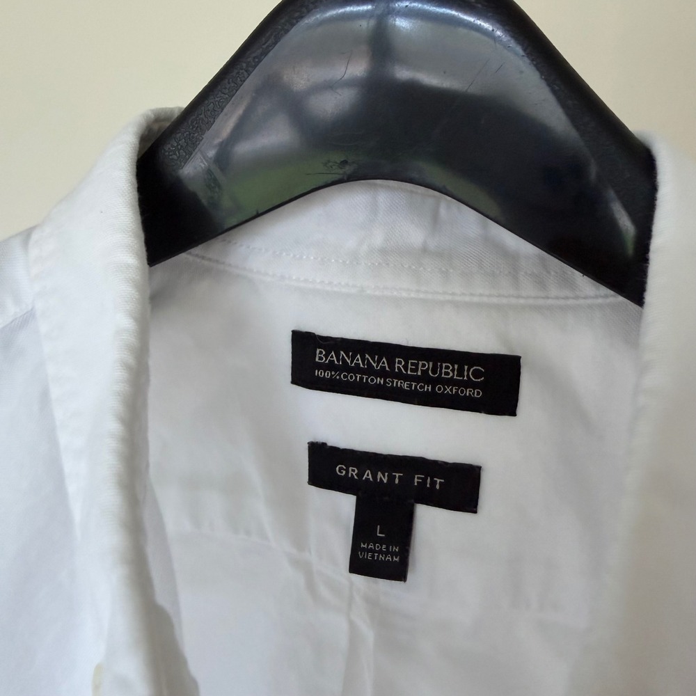 Banana Republic Grant Fit White Cotton Stretch Oxford Button Down Shirt Mens L - Picture 2 of 8